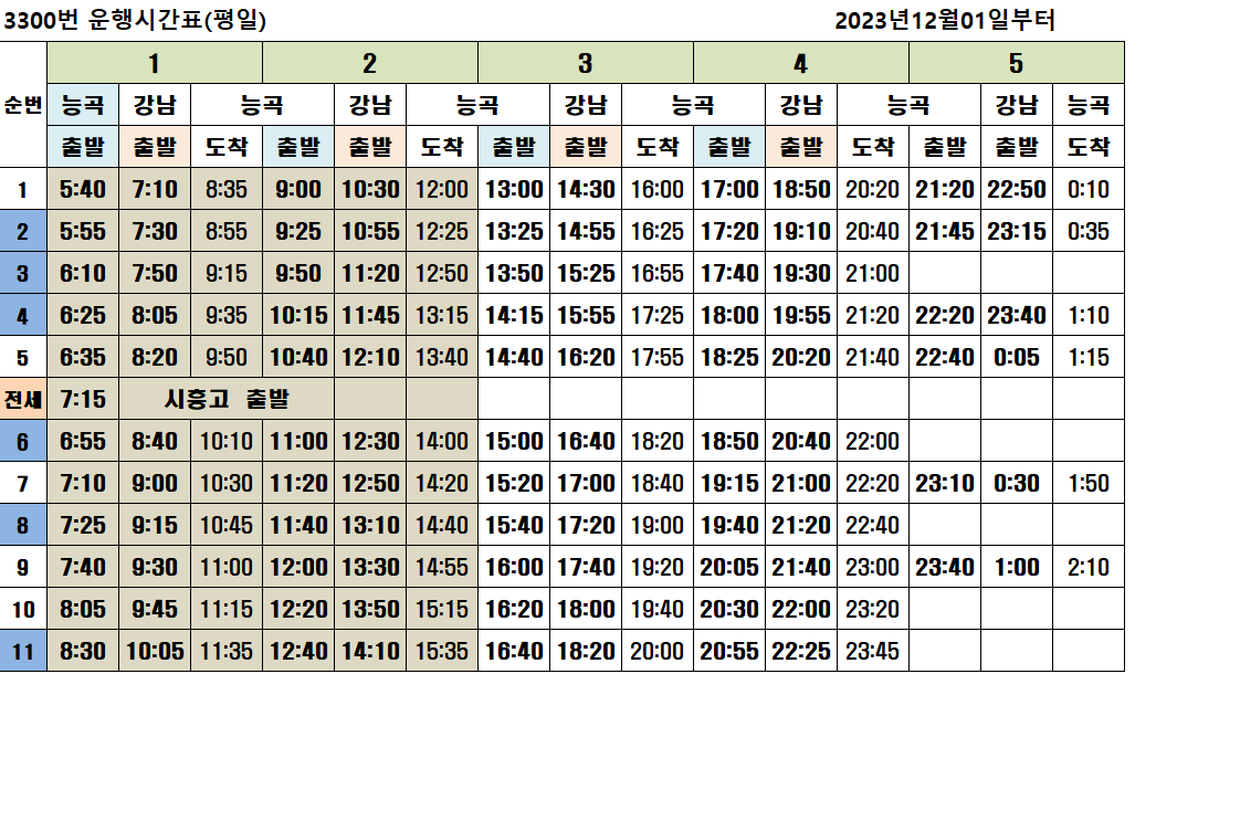 평일 3300 시간표 이미지
